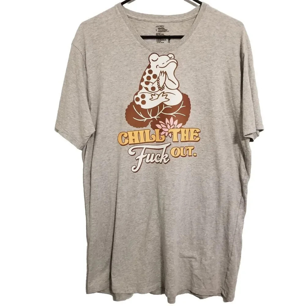 Mens Tshirt Large Gray Crewneck Frog Chill the F Out‎ Short Sleeve